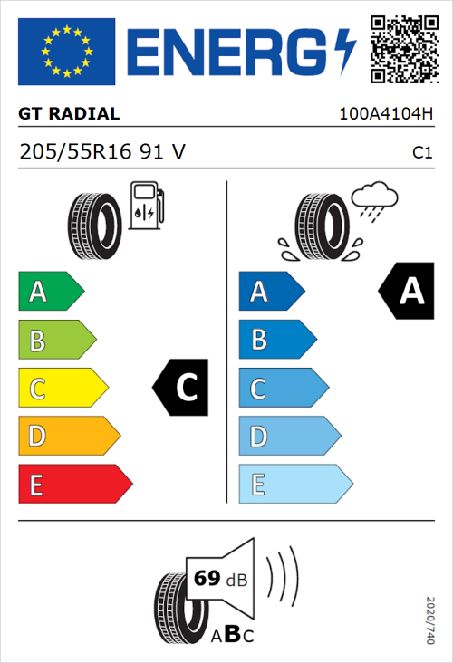 Tyre Label for GT Radial FE2 205/55R16 91V