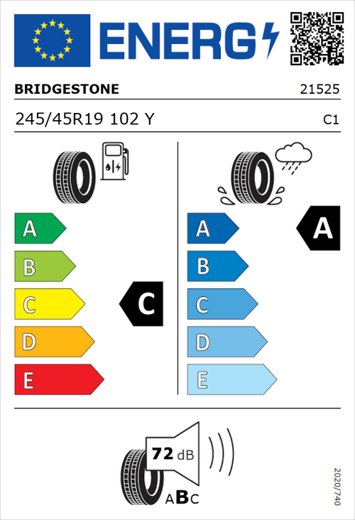 Tyre Label for Bridgestone Potenza Sport 245/45R19 102Y