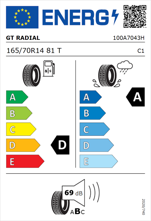 Tyre Label for GT Radial FE2 165/70R14 81T