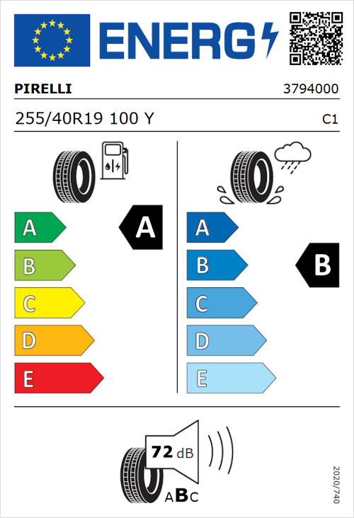 Tyre Label for Pirelli P Zero (PZ4) Sport Car 255/40R19 100Y