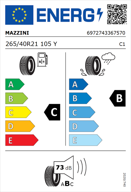 Tyre Label for Mazzini Eco 602 265/40R21 105Y
