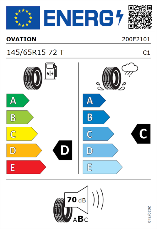 Tyre Label for Ovation VI-682 Ecovision 145/65R15 72T