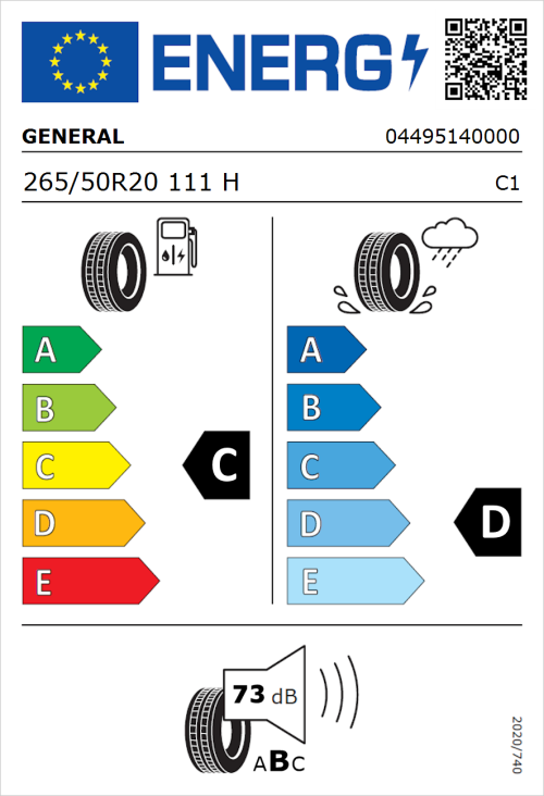 Tyre Label for General Grabber AT 3 265/50R20 111H