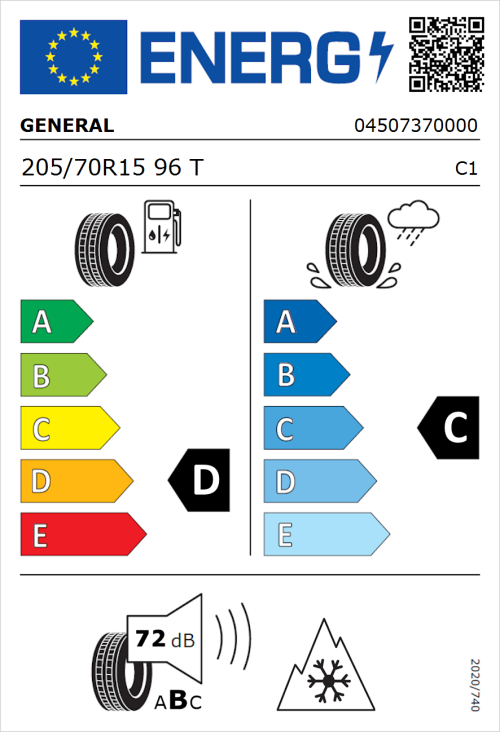 Tyre Label for General Snow Grabber Plus 205/70R15 96T